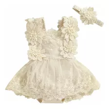 Pañalero Tipo Vestido Con Diadema, Encaje De Flores