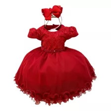 Vestido Infantil Vermelho Bordado E Cinto De Pérolas Luxo