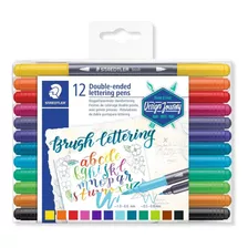 Rotulador Staedtler Con Brocha Para Letras, 12 Colores, Doble Punta 3004