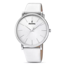 Reloj De Pulsera Festina Boyfriend F20371 De Cuerpo Color Gris, Analógico, Para Mujer, Fondo Gris Plata, Con Correa De Cuero Color Blanco, Agujas Color Plateado, Dial Plateado, Bisel Color Plateado