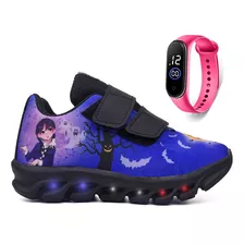 Tenis Infantil De Led Wandinha Meninas Calce Facil + Relogio