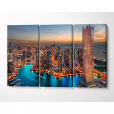 3 Quadros Em Tecido Canvas Dubai Arranha Céu Cidade Prédios