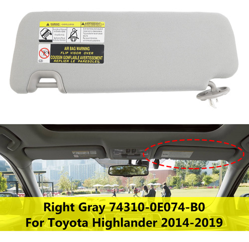 Visera Derecha Con Tocador Gris Claro Para Toyota Highlander Foto 3