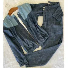 Conjunto Calça E Jaqueta Azul Jeans Quadriculado Tam 38 E 40