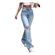 Jeans Bootcut Feminino Com Perna Larga E Rasgado