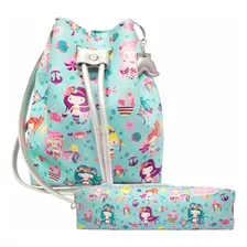 Kit Infantil Feminino Bolsa E Estojo Sereias Fundo Do Mar Cor Estampado