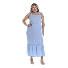 Vestido Jeans Feminino Plus Size Alças Babados