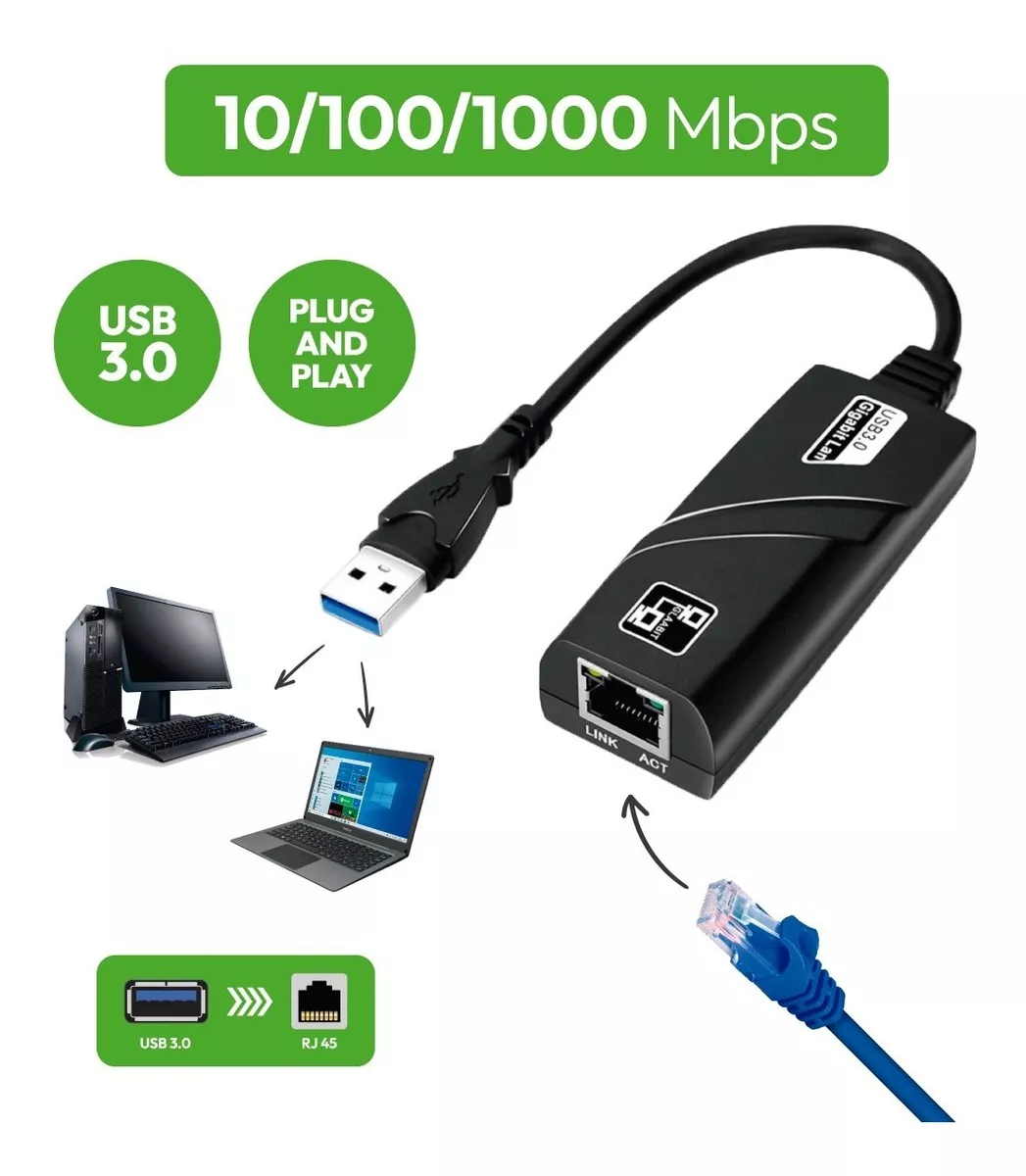Adaptador Ethernet Usb 3.0 Rj45 Rede Gigabit 10/100/1000cabo