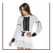 Conjunto Off White Com Preto Saia E Blusa Babados Tam 38