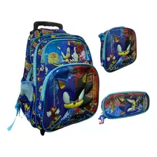 Kit Mochila Rodinha Infantil Menino Sonic Lancheira E Estojo