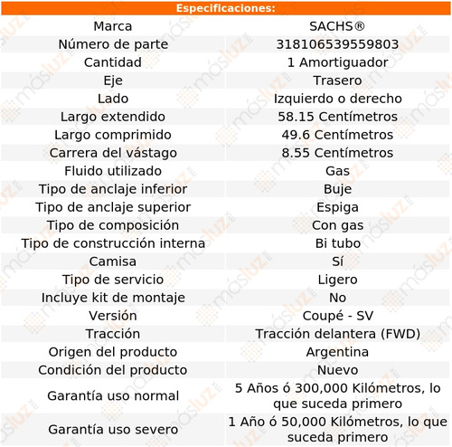 1- Amortiguador Gas Trasero Izq/der 406 V6 2.9l 03/05 Sachs Foto 2