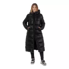 Campera Puffer Negra Larga Mujer Capucha Impermeable 