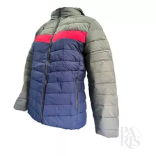 Campera Puffer Inflada Combinada Gris/rojo/azul - Mujer