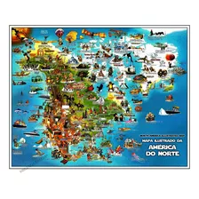 Mapa Ilustrado Da América Do Norte - 80x100cm Poster Plastificado - Culturas Animais Monumentos Invenções Trajes Típicos Pontos Turísticos -- 