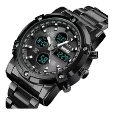 Reloj De Pulsera Skmei 1389 De Cuerpo Color Negro, Analógico-digital, Para Hombre, Fondo Negro, Con Correa De Acero Inoxidable Color Negro, Agujas Color Blanco Y Gris, Dial Negro, Blanco Y Gris, Subes