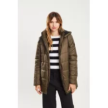 Campera Puffer Larga De Nylon Capucha Military - Koxis Mujer