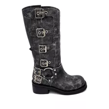 Bota Borcego Alto Con Hebillas Moda De Cuero Bzusophiec