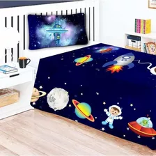 Jogo Lençol Cobre Leito + Fronha Quarto Infantil Astronauta