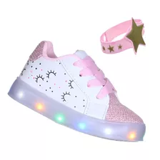 Tênis Infantil Feminino Com Luzinha De Led Glitter + Brinde