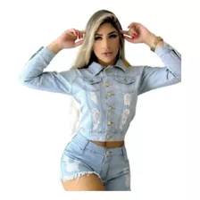 Jaqueta Jeans Feminina Cropped Curta Lavagem Clara Moderna