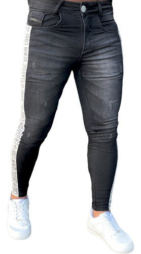 Calça Jeans Super Skinny Destroyed Faixa Lateral Masculina