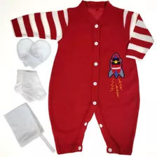 Kit Saída De Maternidade Macacão De Tricô Luxo Vermelho 4 Pc