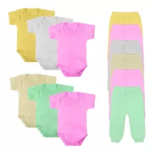 Kit Roupa De Bebe 12 Peças Body Manga Curta E Mijão Suedine