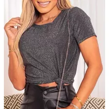 Blusa Cropped Gola Rasa Poliamida Lurex Manga Curta