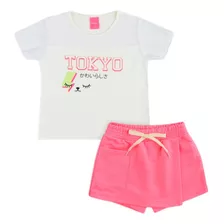 Conjunto Feminino Infantil Short Saia Rosa Néon Blusa Algodã