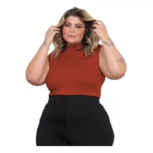 Regata Plus Size Canelada Gola Alta Blusinha Feminina Cavada