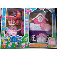 Set 4 Muñecos Peppa Pig Casa Y Carrito Helado Familia George