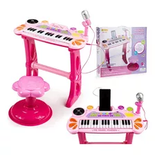 Organeta Piano Teclado Mp3 Para Niña, Color Rosa Con Silla 