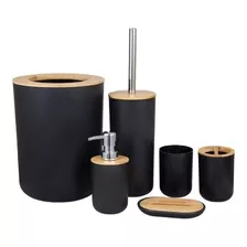 Kit De Banheiro Lixeira Saboneteira Preto C/ Bambu 6 Peças