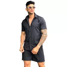 Conjunto Masculino Camisa Estampada + Shorts Moda Praia