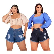 Kit 2 Short Jeans Plus Size Cintura Alta Conforto Destroyed