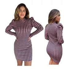 Vestido Pied Poule Gola Alta Manga Longa Bufante Moda Gringa