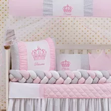 Kit Berço Trança Coroa Menina Princesa Rosa 11 Peças