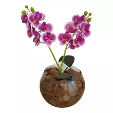 Arranjo Orquídea Artificial Silicone Rosa 3d Vaso De Vidro.