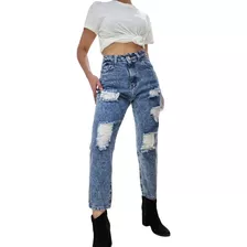 Jean Mom Fit Roturas Denim Rigido