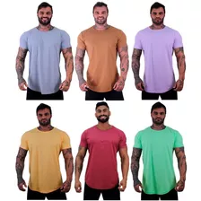 Kit 6 Camiseta Longline Lisa Cores Vivas Academia Lazer Slim