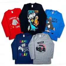 Kit C/ 5 Camisetas Manga Longa Infantil Inverno 