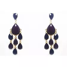 Aretes Dorados Largos Flor Cuentas Azules Y Moradas Ex252