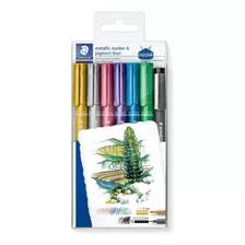 Marcador Plumón Metálico Staedtler 6 Colores Y 1 Estilógrafo