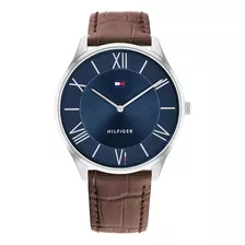 Reloj Tommy Hilfiger Para Hombre De Cuero 1710536 Ss Color De La Malla Marrón Claro Color Del Bisel Plateado Color Del Fondo Azul