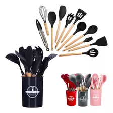 Kit Utensilios Silicone 12 Peças Cabo De Madeira Com Suporte