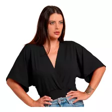 Blusa Feminina Social Manga 3/4 Transpassada Malha Decote V