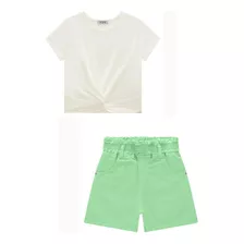 Conjunto Infantil Kukiê Blusa Bege E Short Verde - Meninas