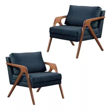 2 Poltronas Decorativa Madeira Maciça Luxo Mona Azul Marinho