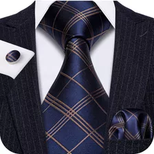 Gravata Seda Italiana Azul Marinho Xadrez +lenço Abotoaduras