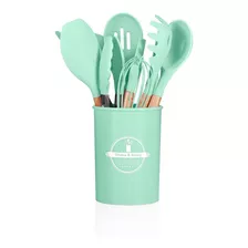 Jogo Utensílios De Cozinha 12 Peças Silicone Colher Concha Cor Verde